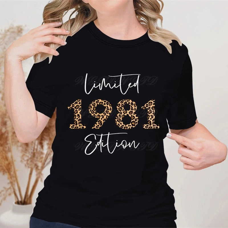 Woman T-Shirts Leopard 1982 Limited Edition Graphic Tee for Summer Birthdays Crew Neck Vintage Style