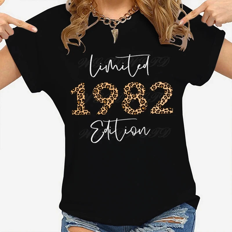 Woman T-Shirts Leopard 1982 Limited Edition Graphic Tee for Summer Birthdays Crew Neck Vintage Style
