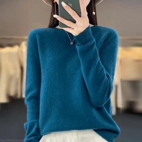 Women 100% Pure Merino Wool Knitted Sweater O-Neck Jumper