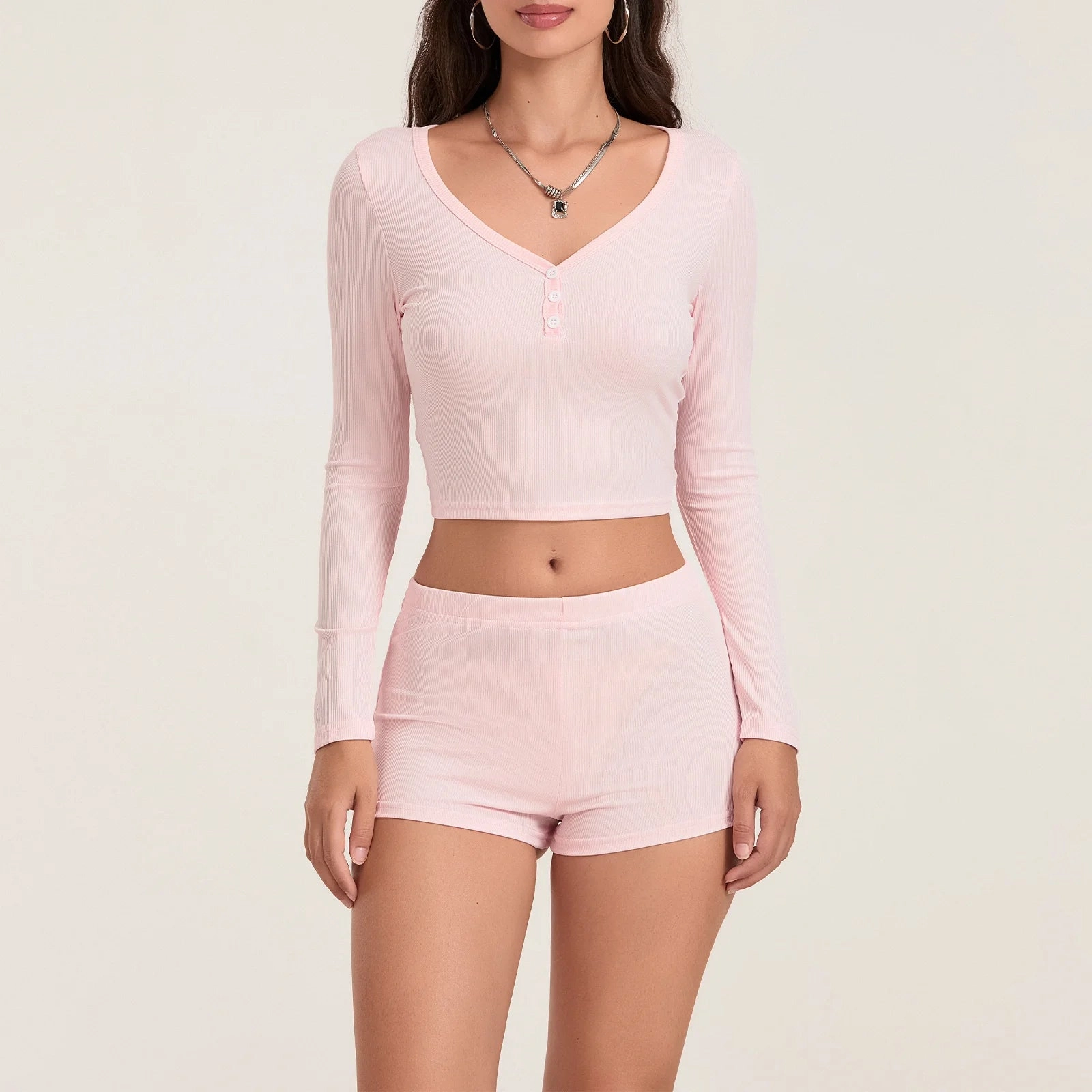 Women 2 Piece Pajamas Shorts Set Long Sleeve V Neck Cropped Tops Sexy Y2k Loungewear PJs for Comfortable Sleep and Relaxation