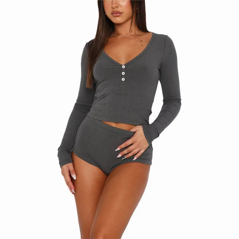 Women 2 Piece Pajamas Shorts Set Long Sleeve V Neck Cropped Tops Sexy Y2k Loungewear PJs for Comfortable Sleep and Relaxation