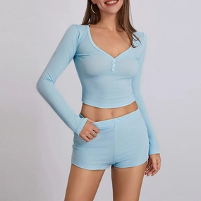 Women 2 Piece Pajamas Shorts Set Long Sleeve V Neck Cropped Tops Sexy Y2k Loungewear PJs for Comfortable Sleep and Relaxation