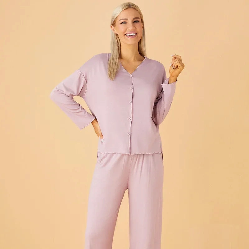 Women 2 Pieces Home Suit Long Sleeve Pajama Sets Soft Cardigan Loungewear for Spring Autumn Comfort