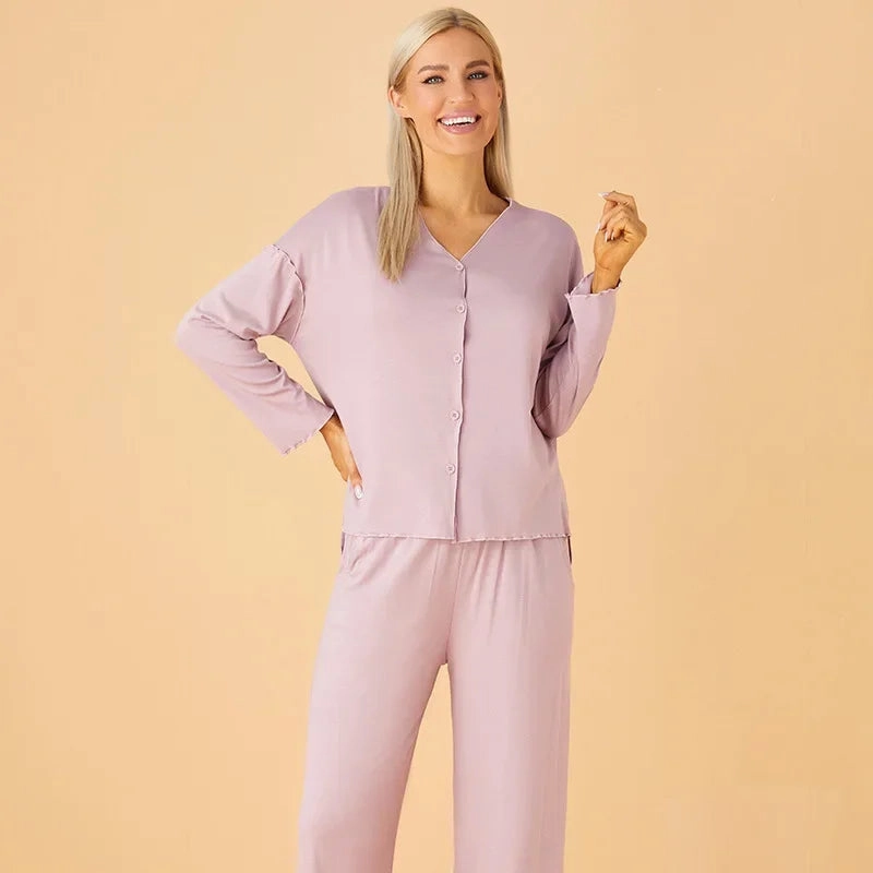 Women 2 Pieces Home Suit Long Sleeve Pajama Sets Soft Cardigan Loungewear for Spring Autumn Comfort