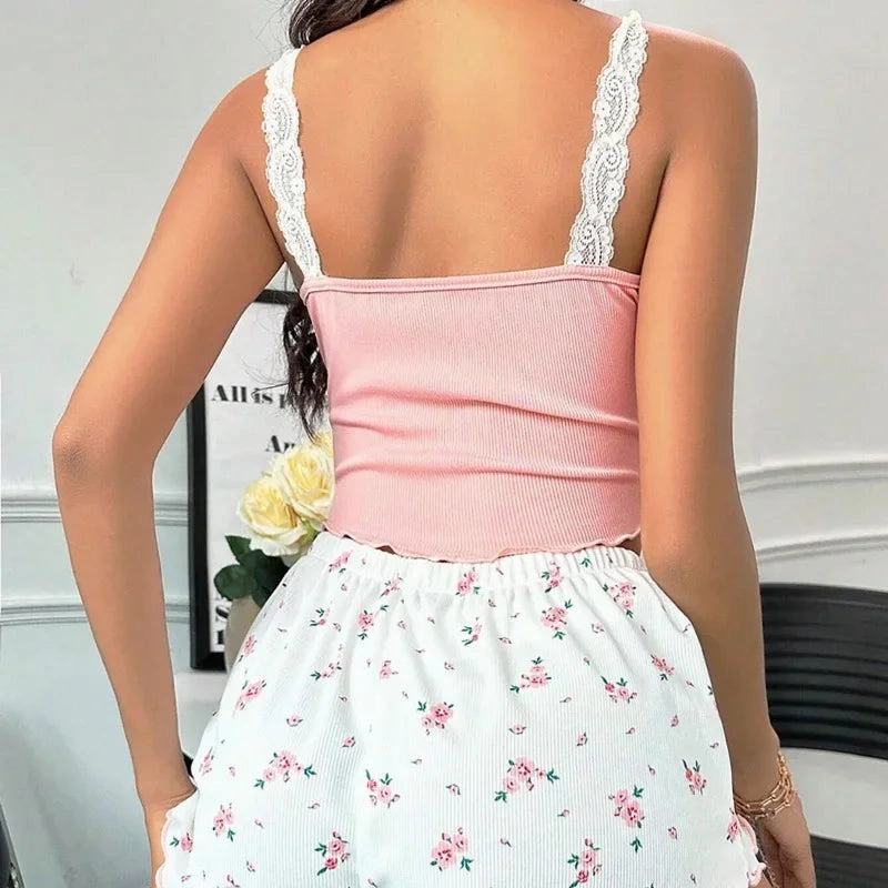 Women 2Psc Pajama Set Lace Floral V-Neck Sleepwear Soft Cami Top Shorts Loungewear