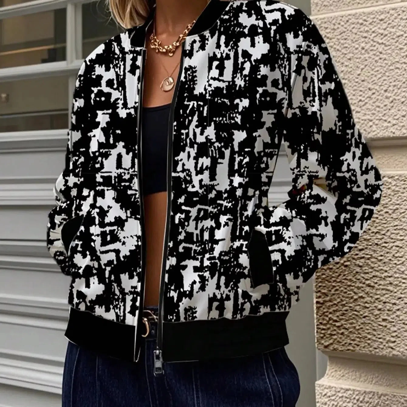 Women Autumn Bomber Jacket Coat Long Sleeve Zip Up Outwear