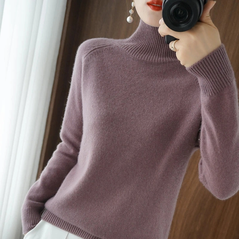 Women Autumn Winter Turtleneck Sweater Elegant Slim Ribbed Cashmere Pullover Knitwear for Stylish Comfort and Versatile Layering