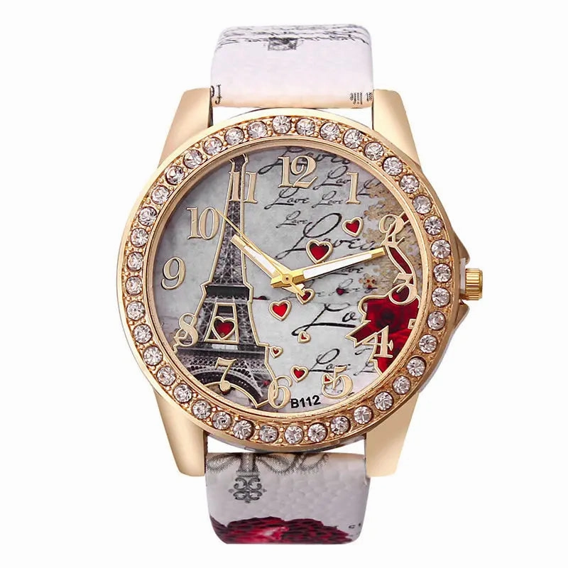 Women Big Watches Fashion Luxury Crystal Paris Eiffel Tower Quartz Wristwatch Leather Band Casual Ladies Accessory