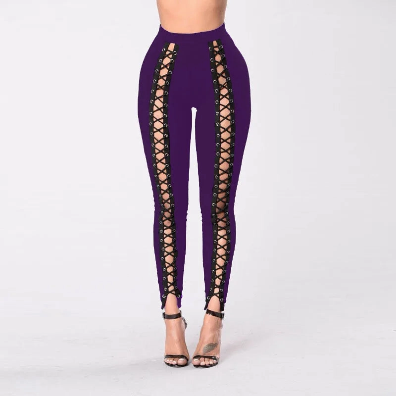 Women Black Leggings Sexy Strapping Rope Slim Fit Pants