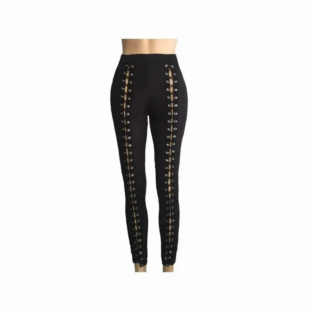 Women Black Leggings Sexy Strapping Rope Slim Fit Pants