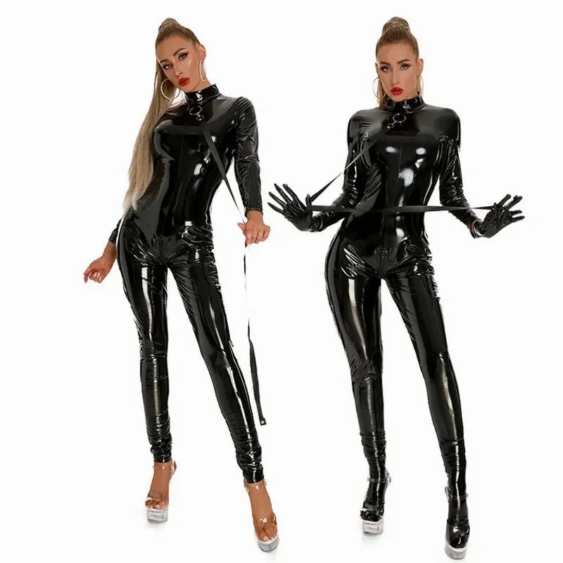 Women Black Shiny PU Latex Bodysuit Sexy Zip Open Crotch Clubwear Jumpsuit Faux Leather Skinny Fit for Night Out Party