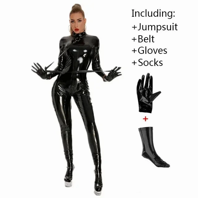 Women Black Shiny PU Latex Bodysuit Sexy Zip Open Crotch Clubwear Jumpsuit Faux Leather Skinny Fit for Night Out Party