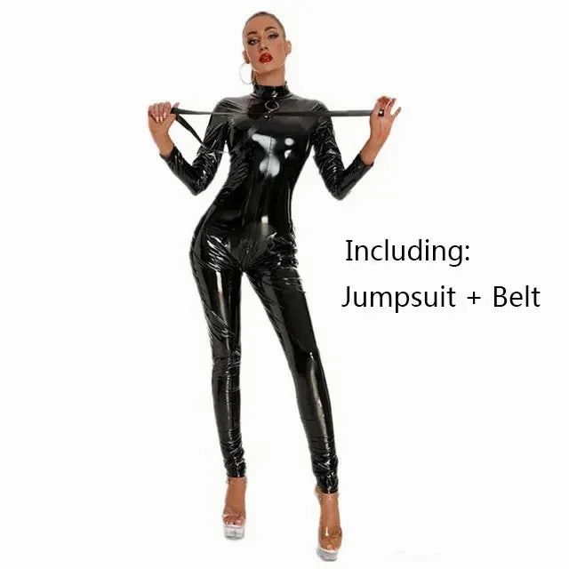 Women Black Shiny PU Latex Bodysuit Sexy Zip Open Crotch Clubwear Jumpsuit Faux Leather Skinny Fit for Night Out Party