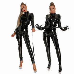 Women Black Shiny PU Latex Bodysuit Sexy Zip Open Crotch Clubwear Jumpsuit Faux Leather Skinny Fit for Night Out Party