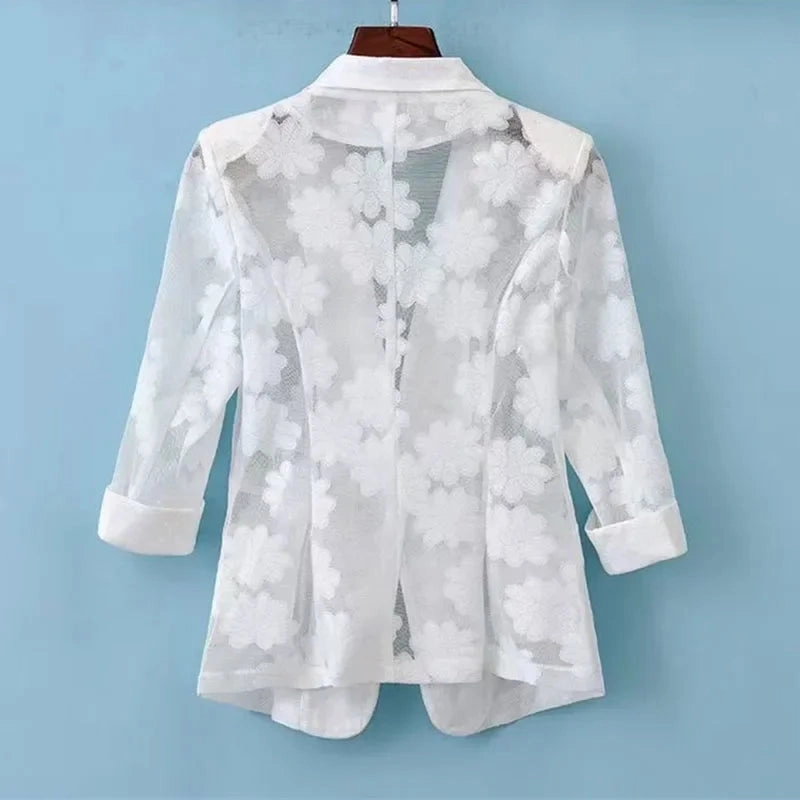 Women Blazer Jacket Spring Summer Thin Cardigan Lace Suit Top