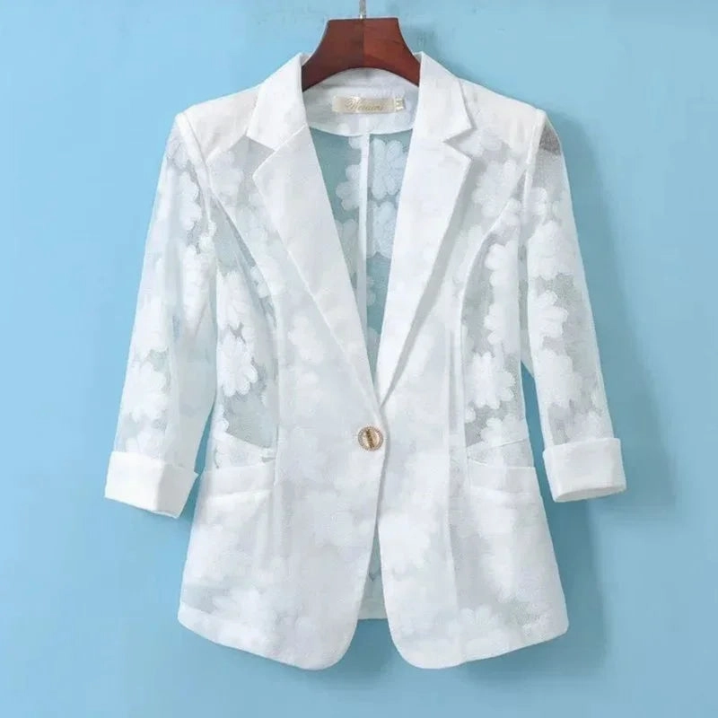 Women Blazer Jacket Spring Summer Thin Cardigan Lace Suit Top