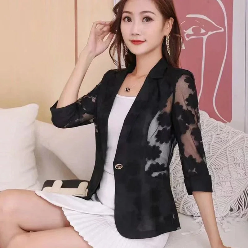 Women Blazer Jacket Spring Summer Thin Cardigan Lace Suit Top