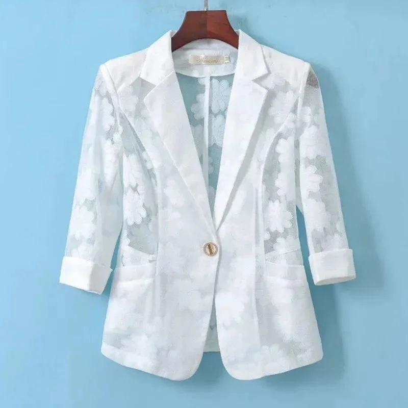 Women Blazer Jacket Spring Summer Thin Cardigan Lace Suit Top