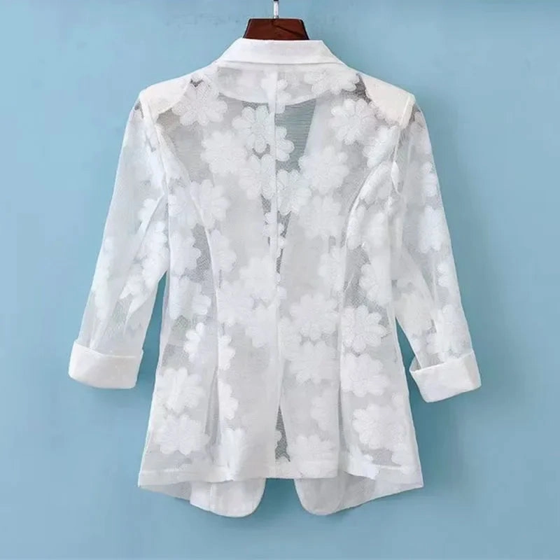 Women Blazer Jacket Spring Summer Thin Cardigan Lace Suit Top