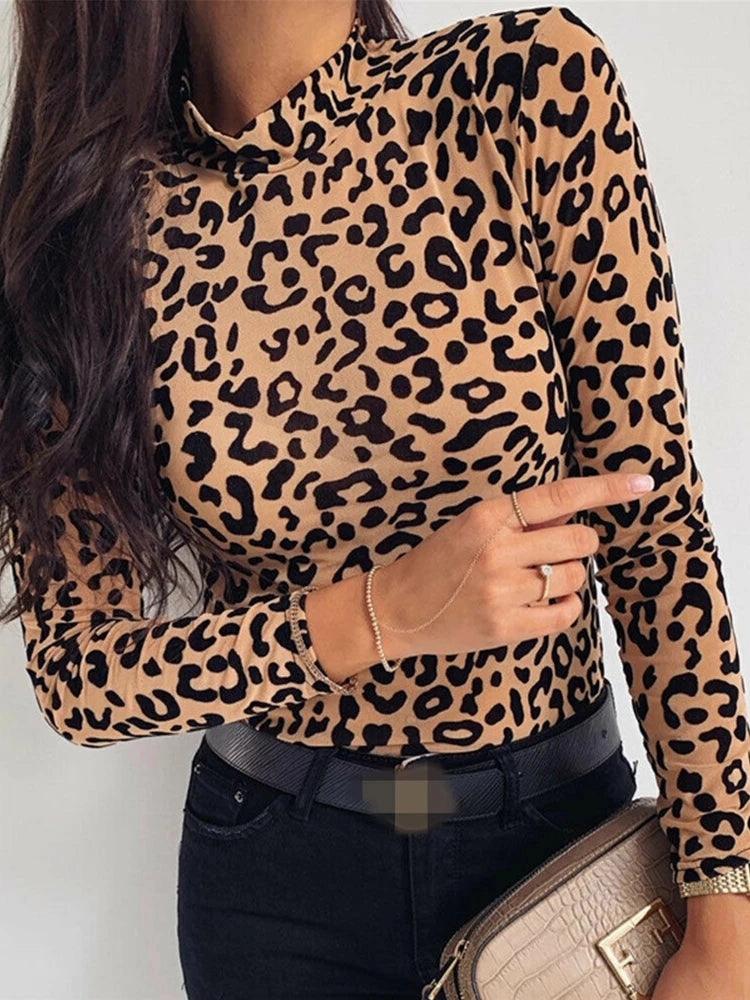 Women Blouses Fashion Leopard Print Turtle Neck Long Sleeve Party Top