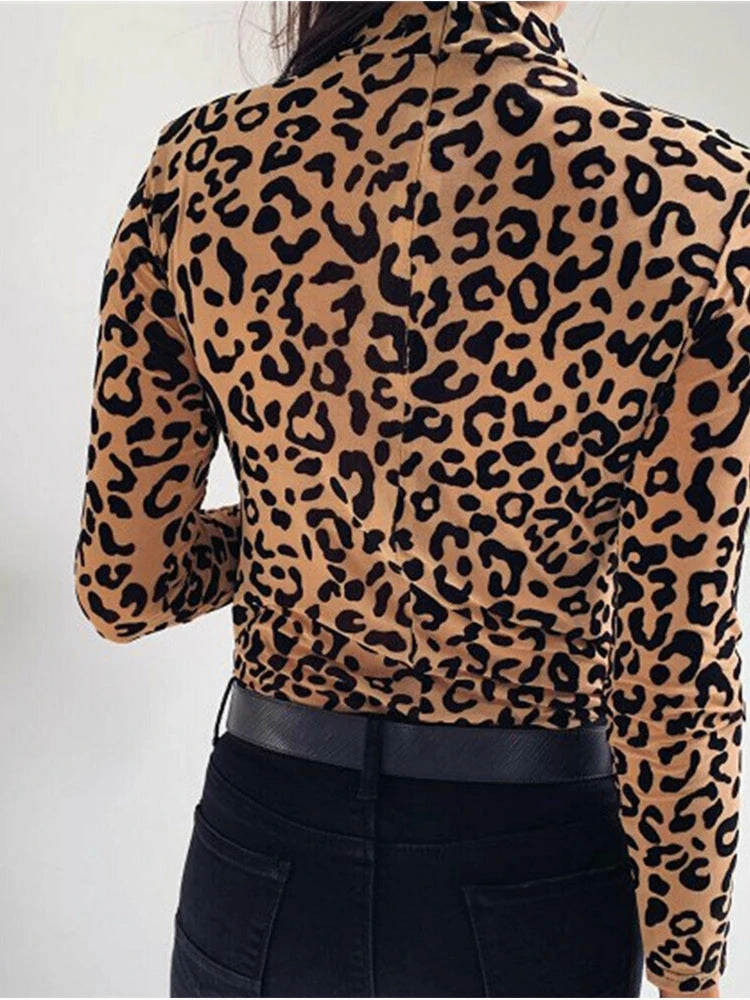 Women Blouses Fashion Leopard Print Turtle Neck Long Sleeve Party Top