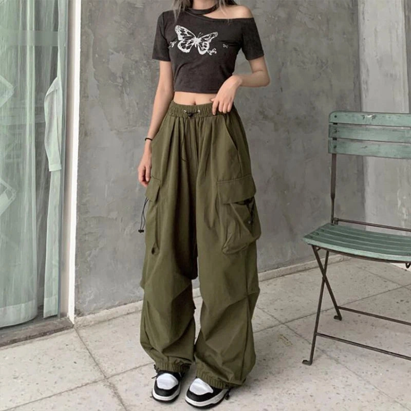 Women Casual Joggers Tech Pants Wide Leg Baggy Trousers