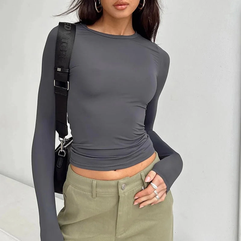 Women Casual Long Sleeve T-Shirts Solid Slim Fit Tees Tops