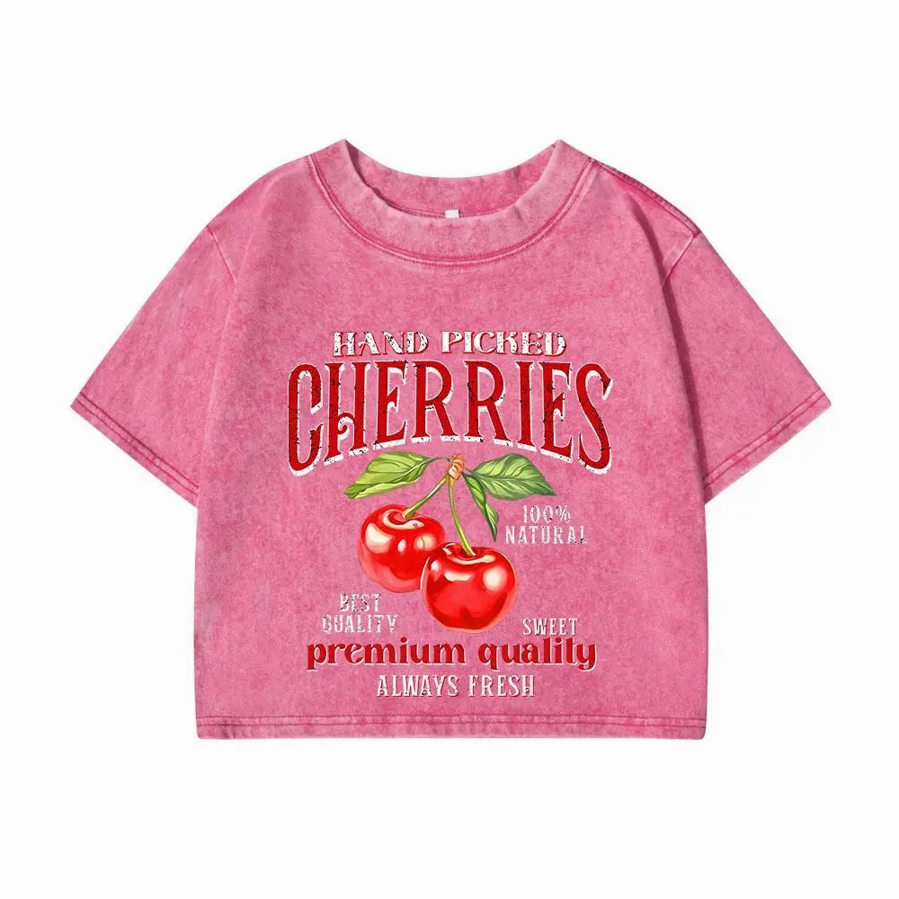 Women Cotton Crop Washed T-Shirts with Hand Picked Cherries Prints and Distressed Details