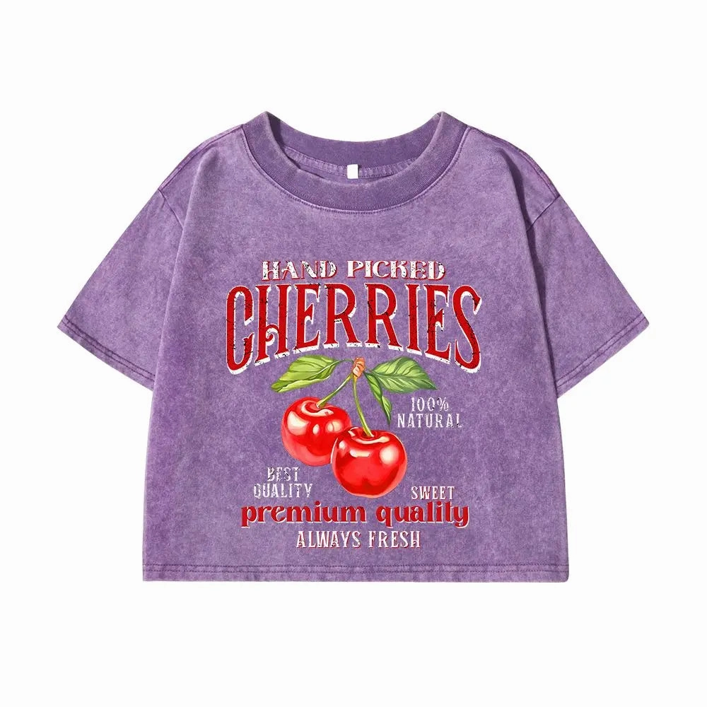 Women Cotton Crop Washed T-Shirts with Hand Picked Cherries Prints and Distressed Details