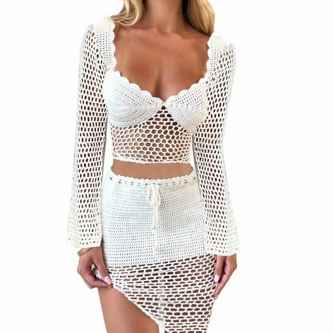 Women Crochet Knitted Skirts Set Long Sleeve Bikini Cover Up