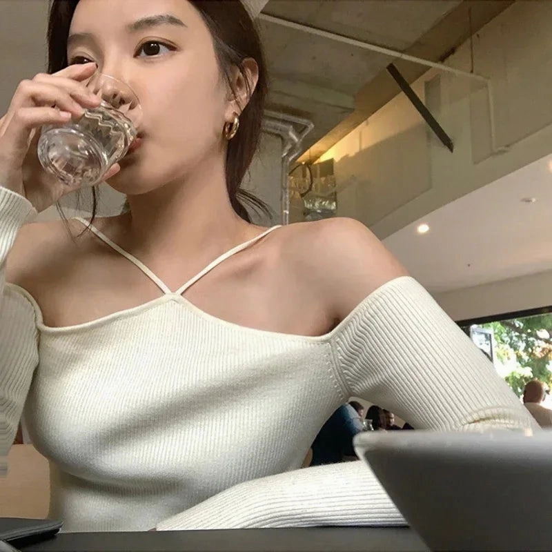 Women Crop Sweater Sexy Off Shoulder Slim Knitted Top Y2K Fashion Halter Long Sleeve Pullover Streetwear