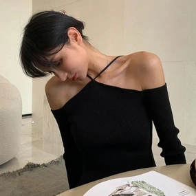 Women Crop Sweater Sexy Off Shoulder Slim Knitted Top Y2K Fashion Halter Long Sleeve Pullover Streetwear