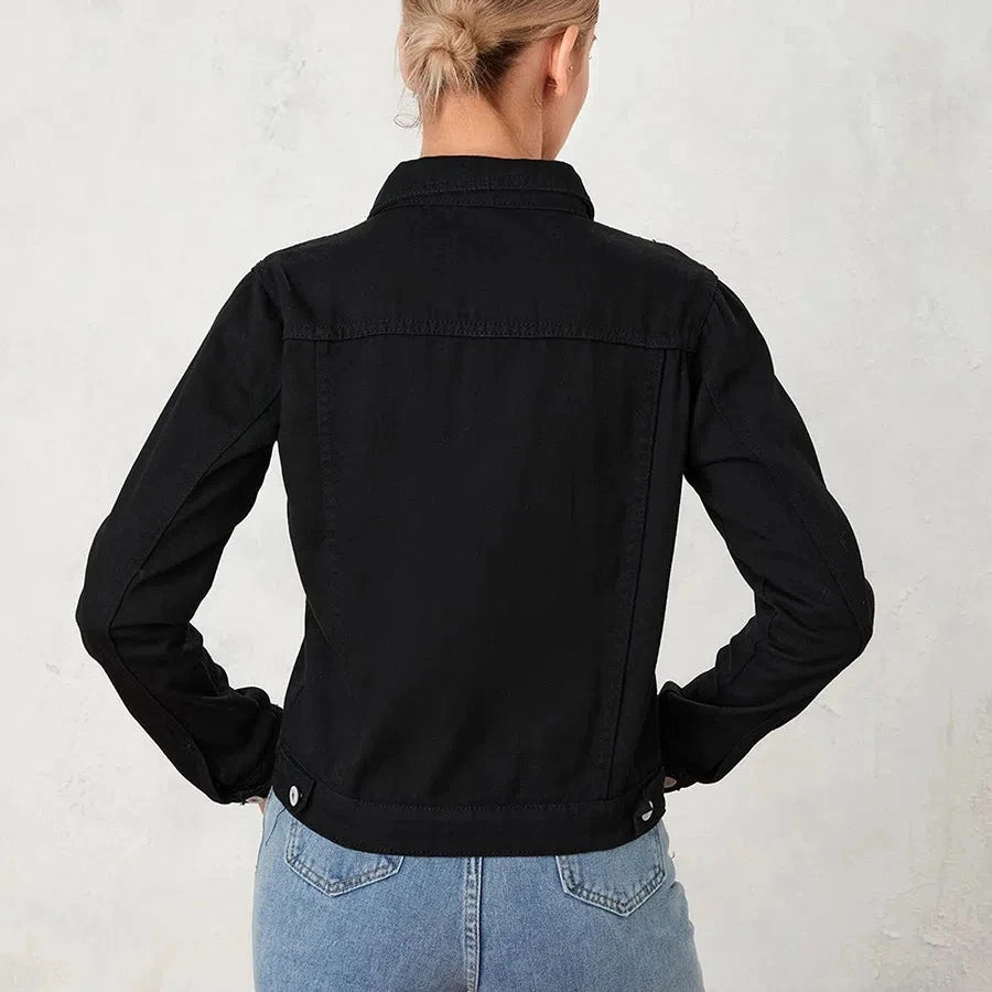 Women Cropped Denim Jacket Casual Stretch Button Down Jean Jacket