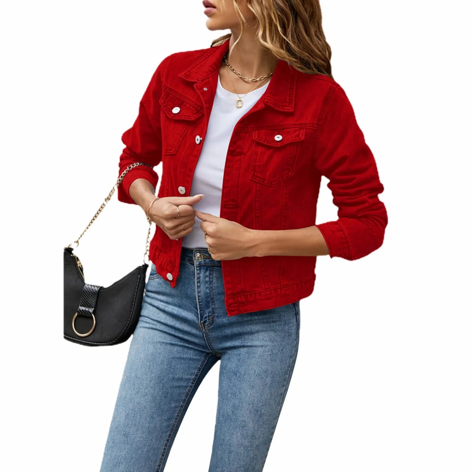 Women Cropped Denim Jacket Casual Stretch Button Down Jean Jacket