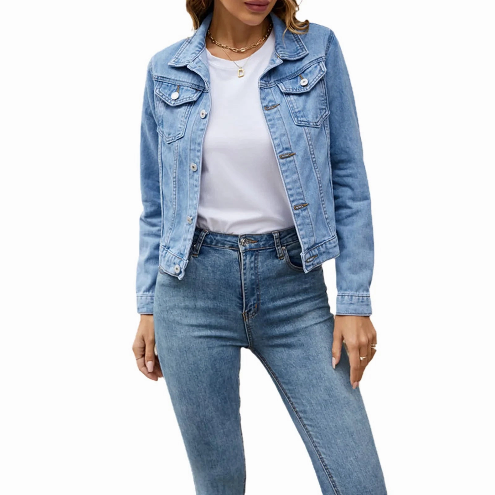 Women Cropped Denim Jacket Casual Stretch Button Down Jean Jacket
