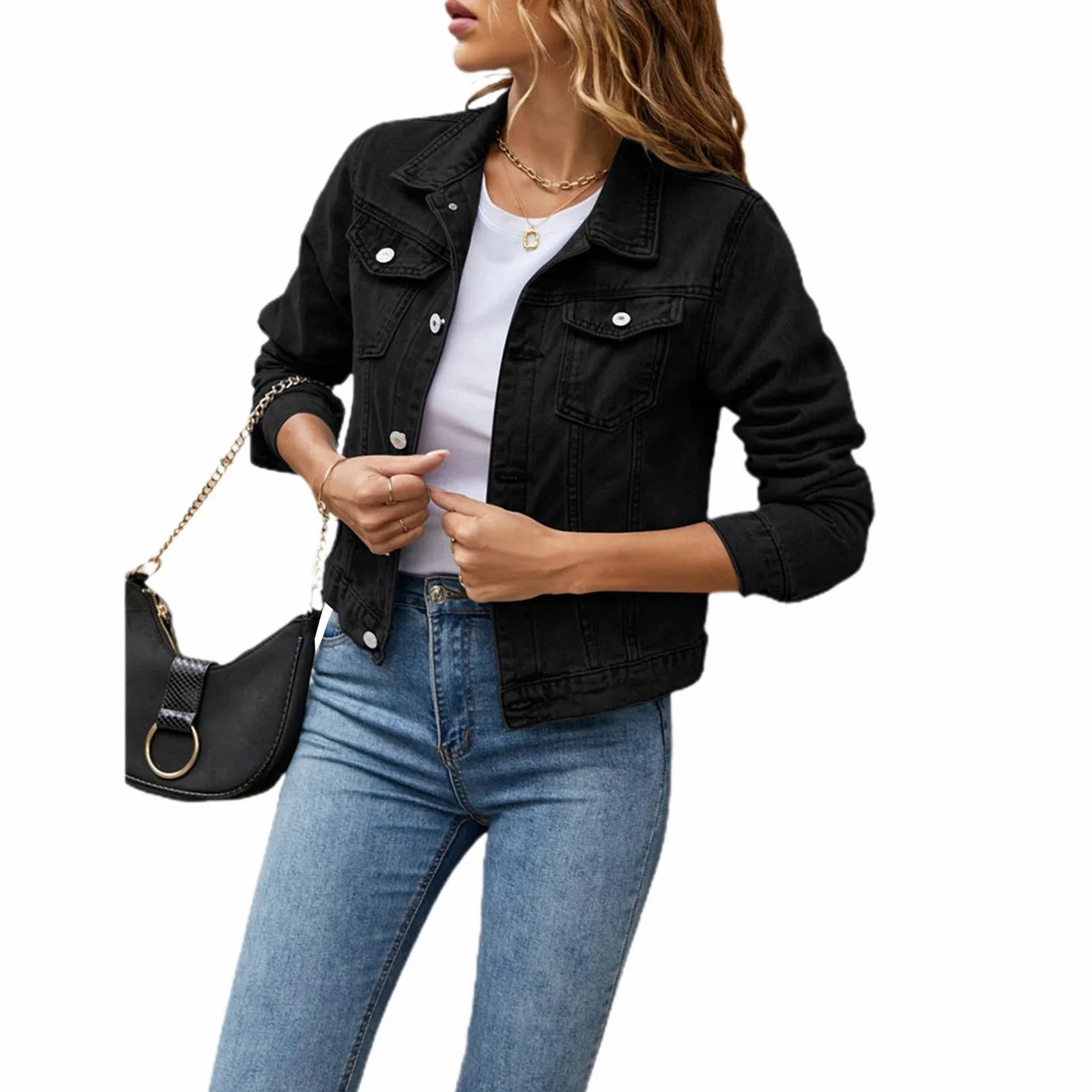 Women Cropped Denim Jacket Casual Stretch Button Down Jean Jacket