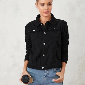 Women Cropped Denim Jacket Casual Stretch Button Down Jean Jacket