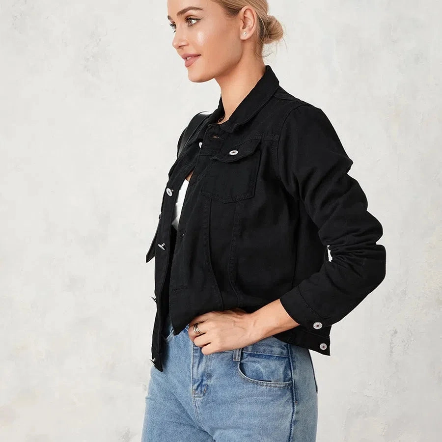 Women Cropped Denim Jacket Casual Stretch Button Down Jean Jacket