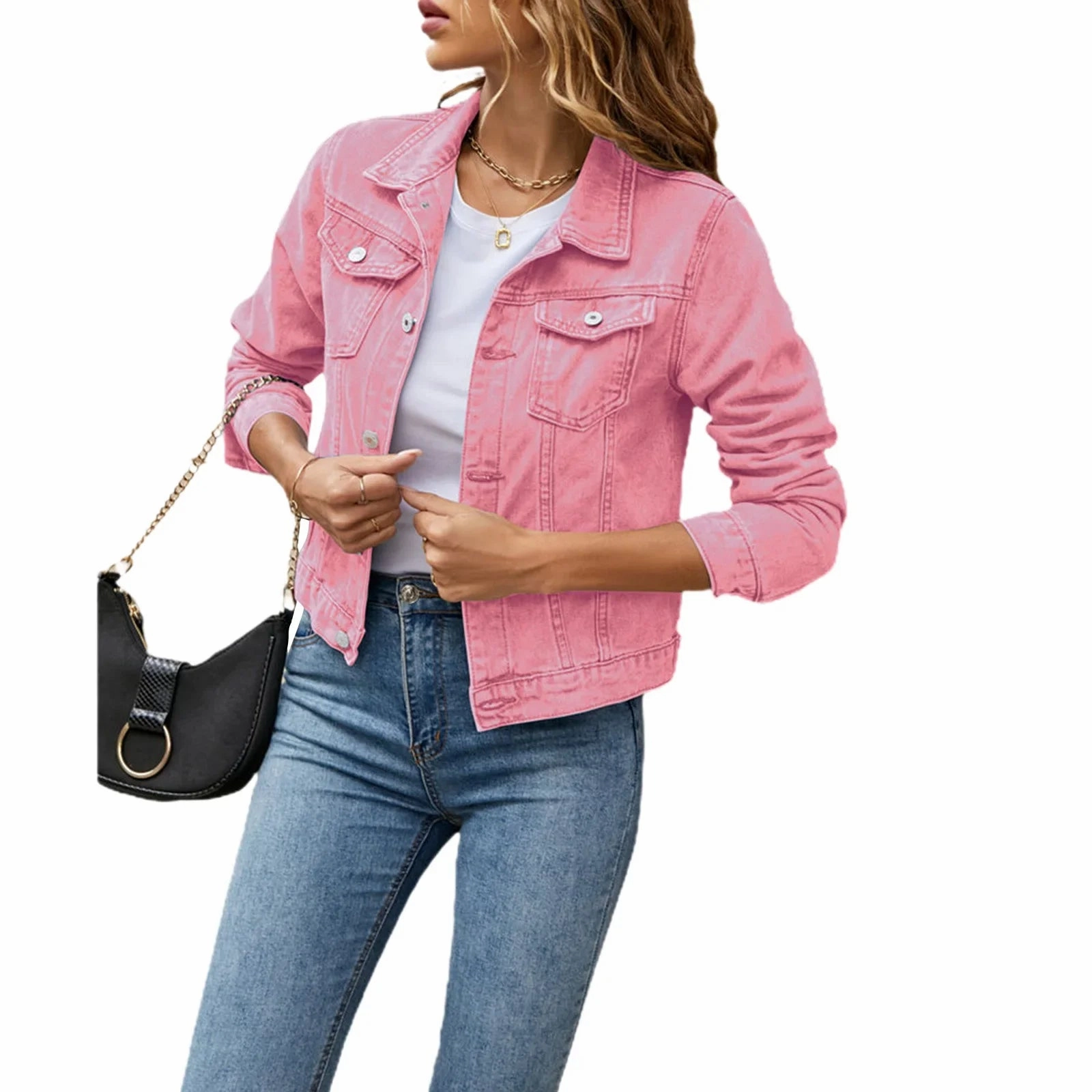 Women Cropped Denim Jacket Casual Stretch Button Down Jean Jacket