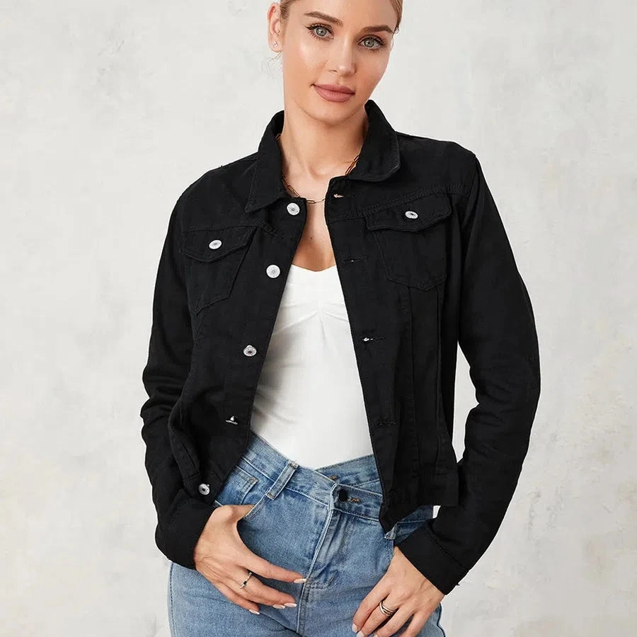 Women Cropped Denim Jacket Casual Stretch Button Down Jean Jacket