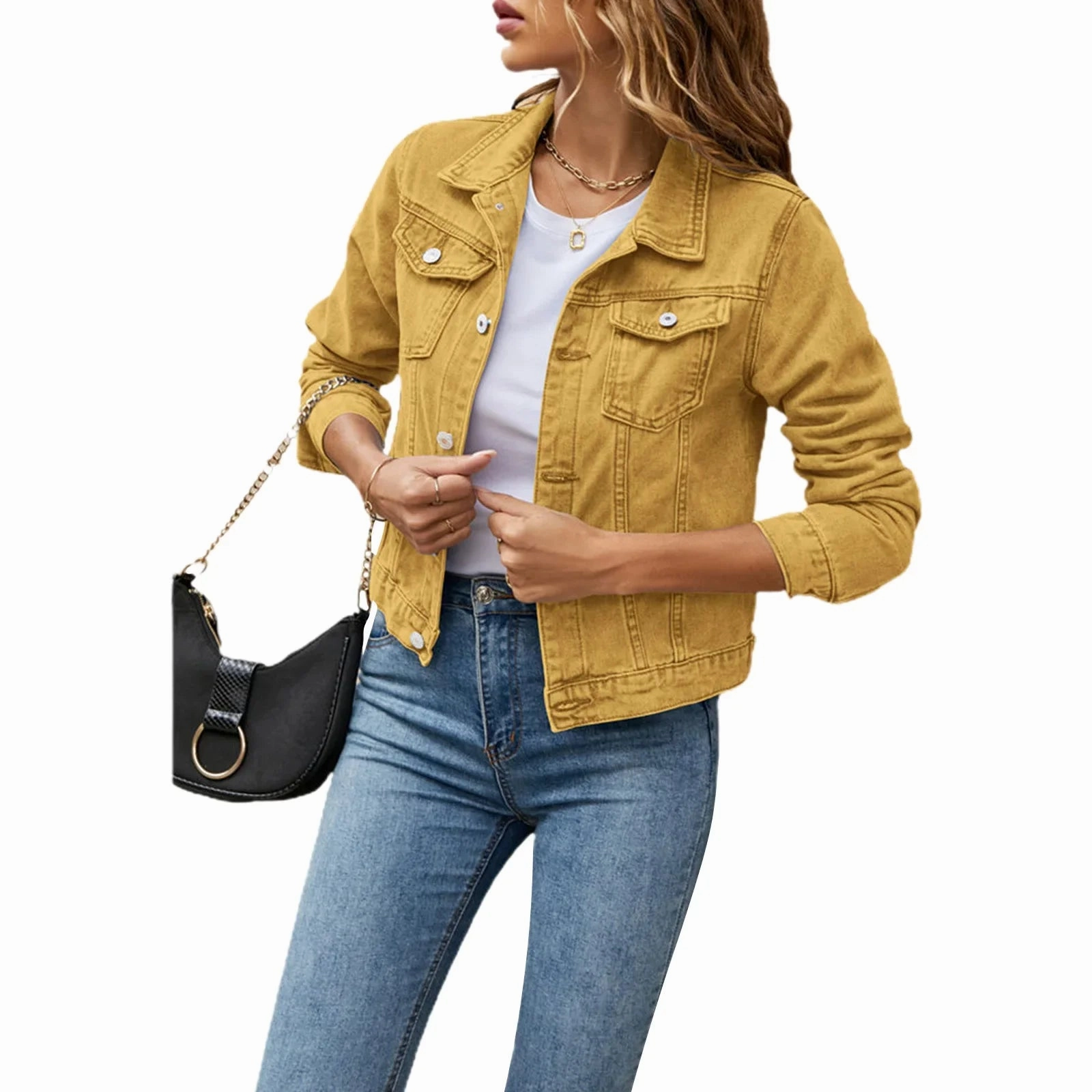 Women Cropped Denim Jacket Casual Stretch Button Down Jean Jacket