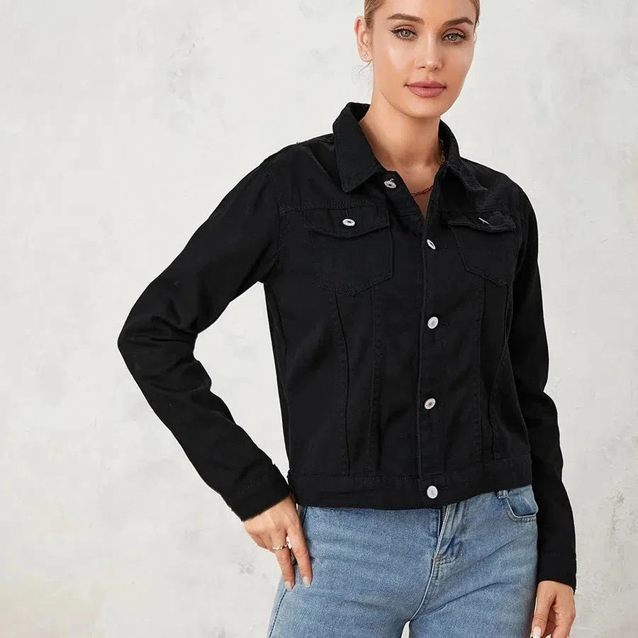 Women Cropped Denim Jacket Casual Stretch Button Down Jean Jacket