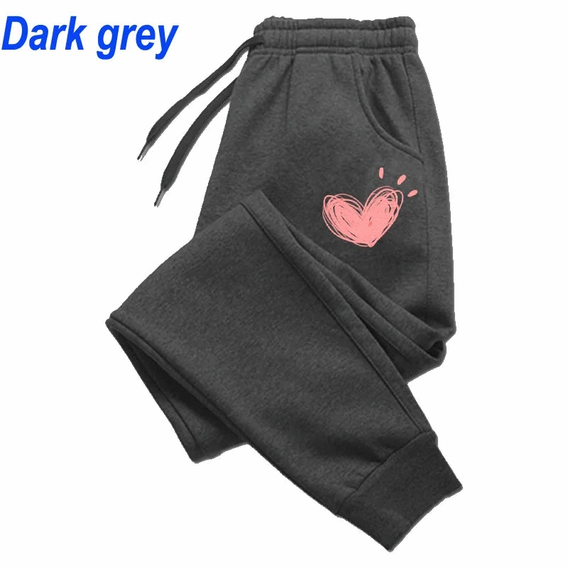 Women Cute Heart Printed Jogger Sweatpants for Autumn Winter Casual Fitness Trousers
