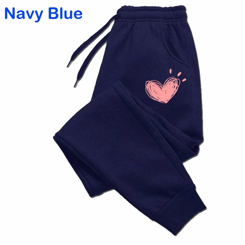 Women Cute Heart Printed Jogger Sweatpants for Autumn Winter Casual Fitness Trousers