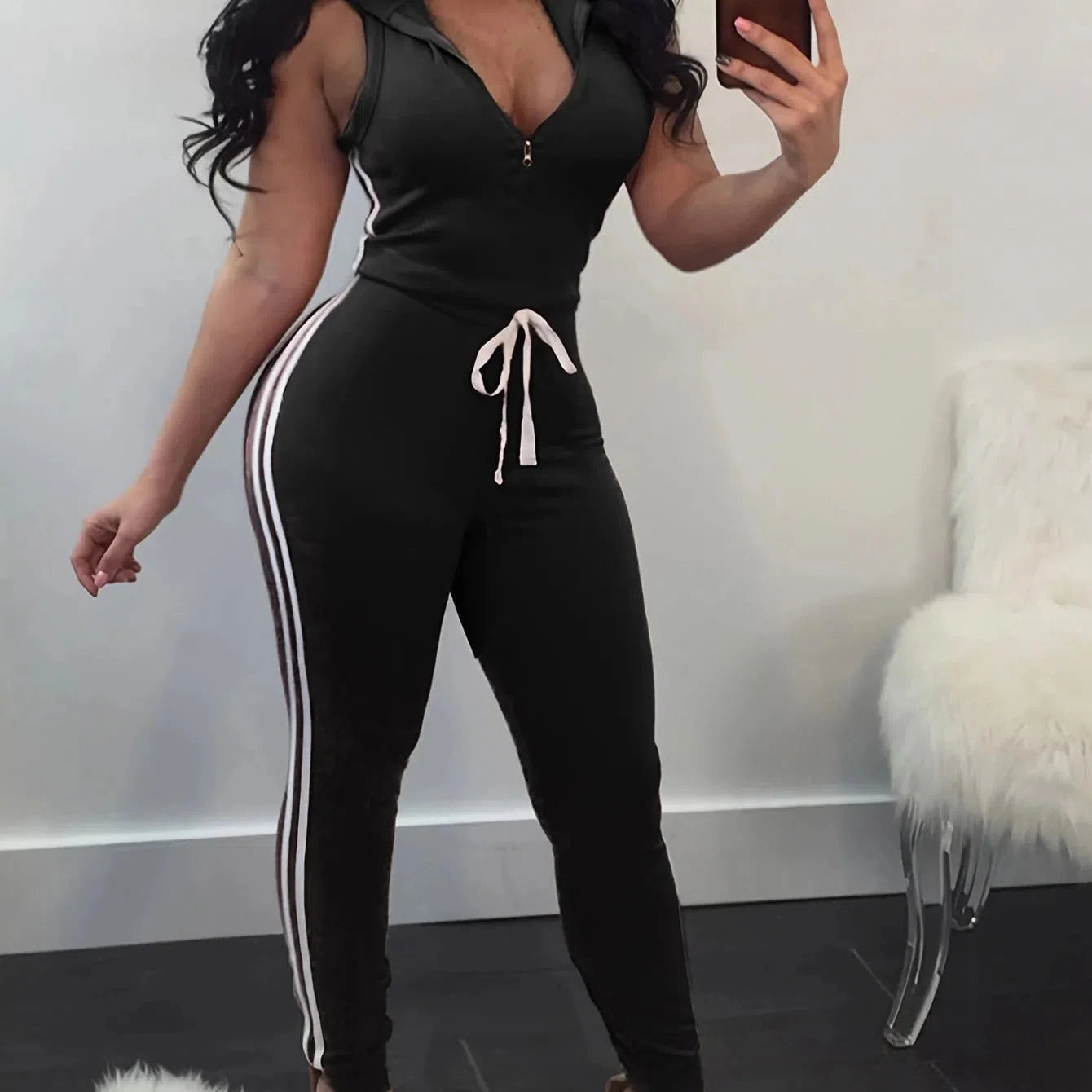 Women Deep V-neck Skinny Striped Jumpsuits Zipper Rompers