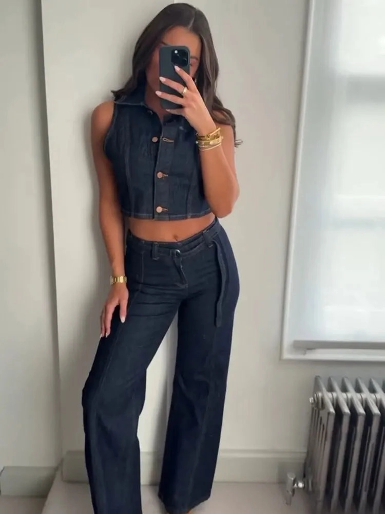 Women Denim Pants Set with Lapel Single Breasted Denim Vest and Wide Leg High Waist Trousers for Fashionable Y2K Street Style and Going Out