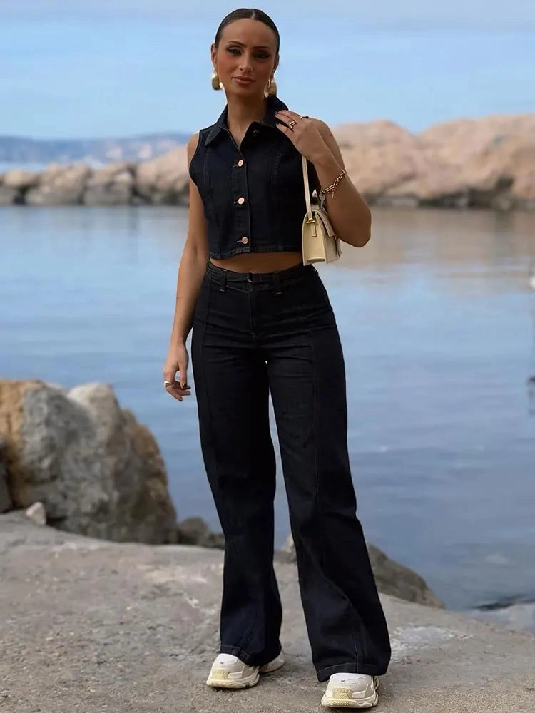 Women Denim Pants Set with Lapel Single Breasted Denim Vest and Wide Leg High Waist Trousers for Fashionable Y2K Street Style and Going Out