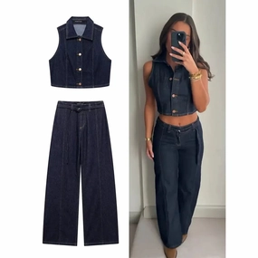 Women Denim Pants Set with Lapel Single Breasted Denim Vest and Wide Leg High Waist Trousers for Fashionable Y2K Street Style and Going Out