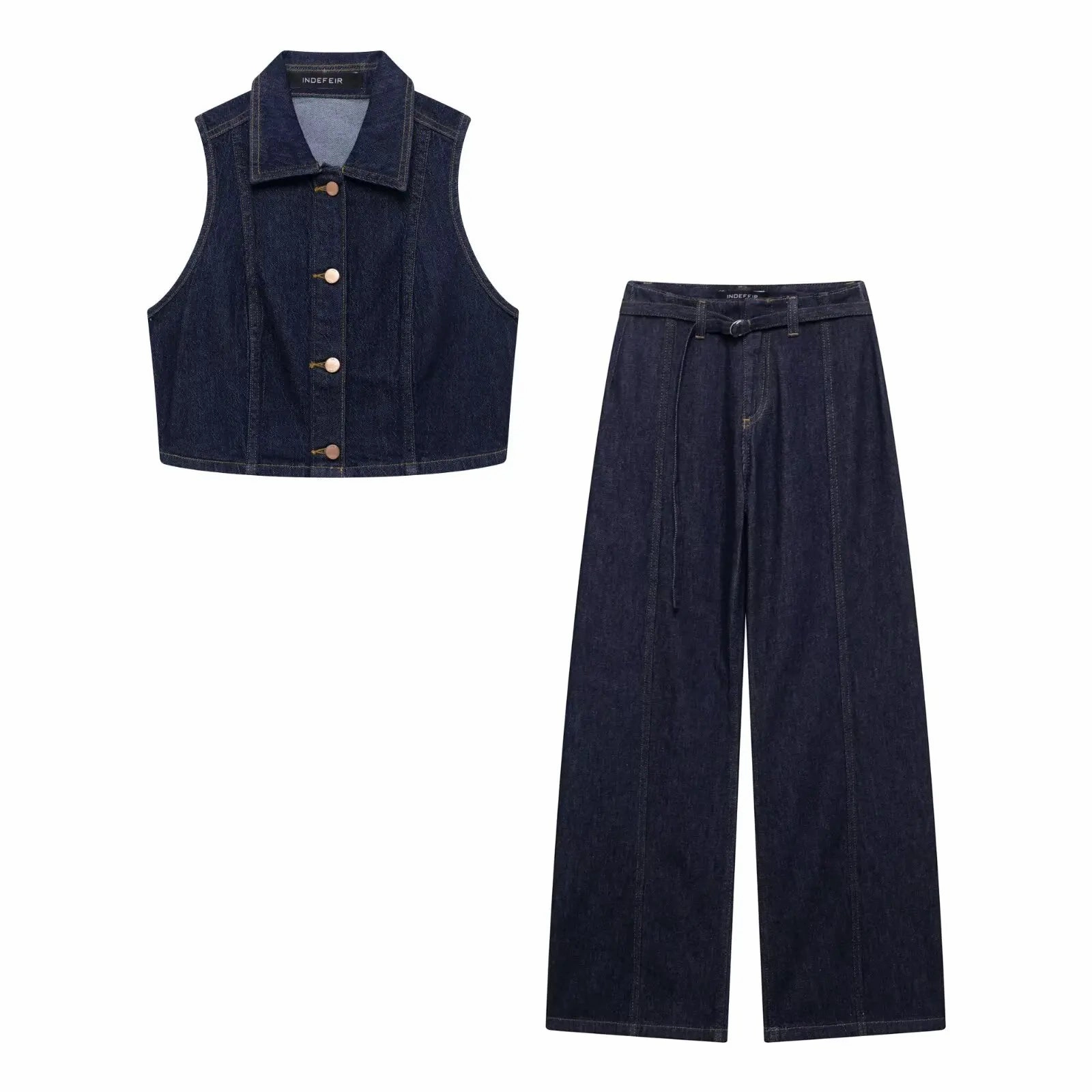 Women Denim Pants Set with Lapel Single Breasted Denim Vest and Wide Leg High Waist Trousers for Fashionable Y2K Street Style and Going Out