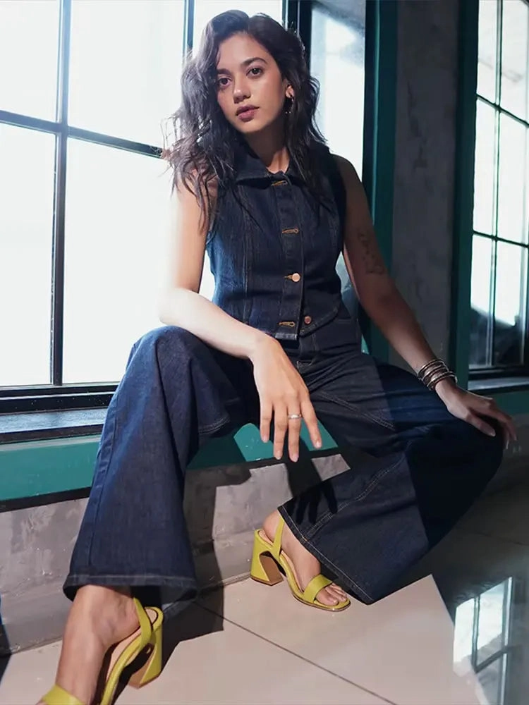 Women Denim Pants Set with Lapel Single Breasted Denim Vest and Wide Leg High Waist Trousers for Fashionable Y2K Street Style and Going Out